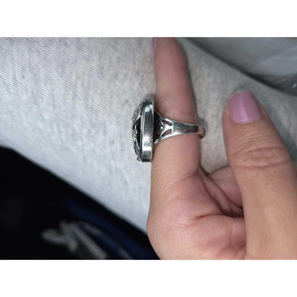 Large Oval Silver Tone And Marcasite Ring. Ornate. Musical Notes. Unique....